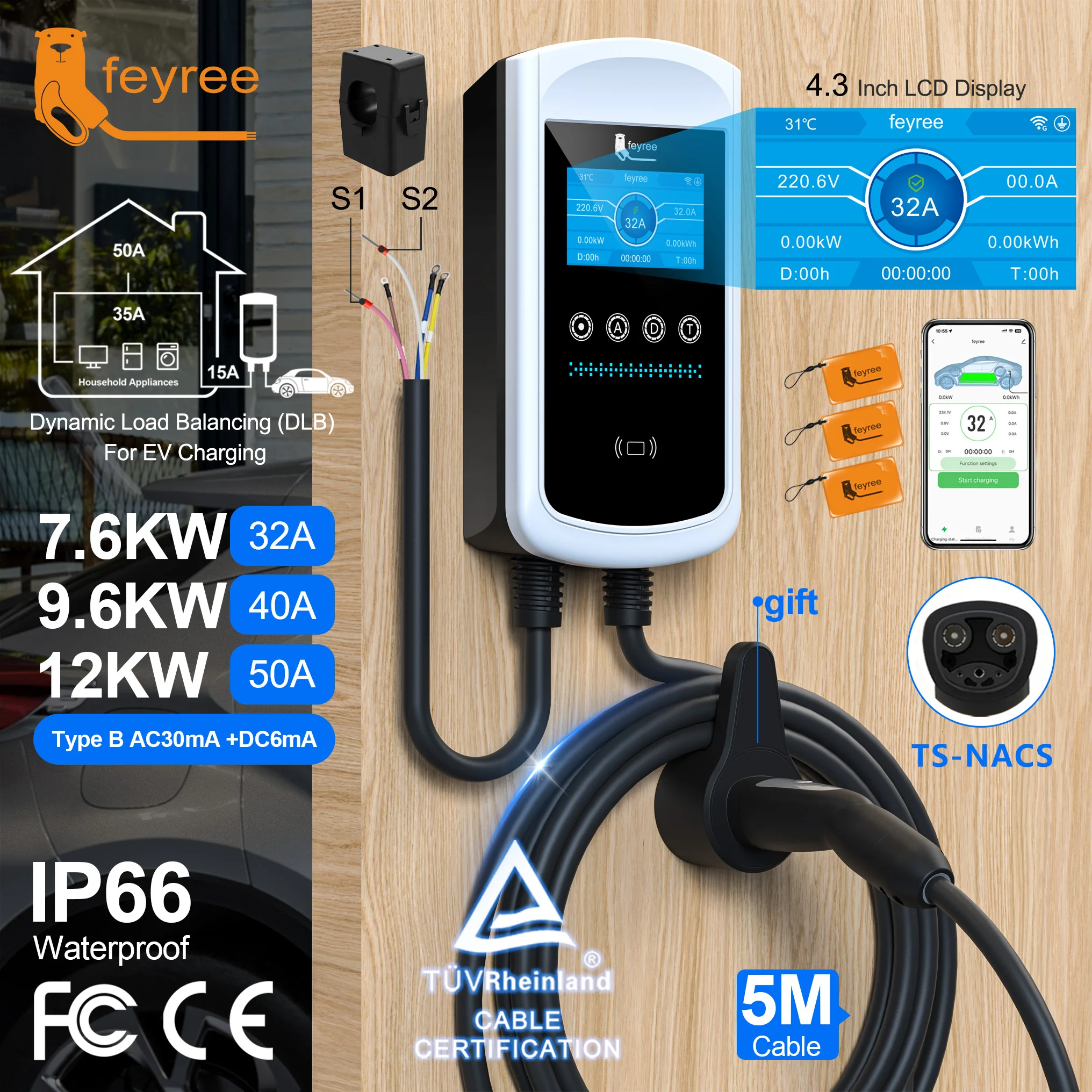 feyree Dynamic Load Blancing  EV Charging Station 32A 7KW TS-NACS Charger Plug Car Charger EVSE Wallbox 9.6KW 12KW APP Control