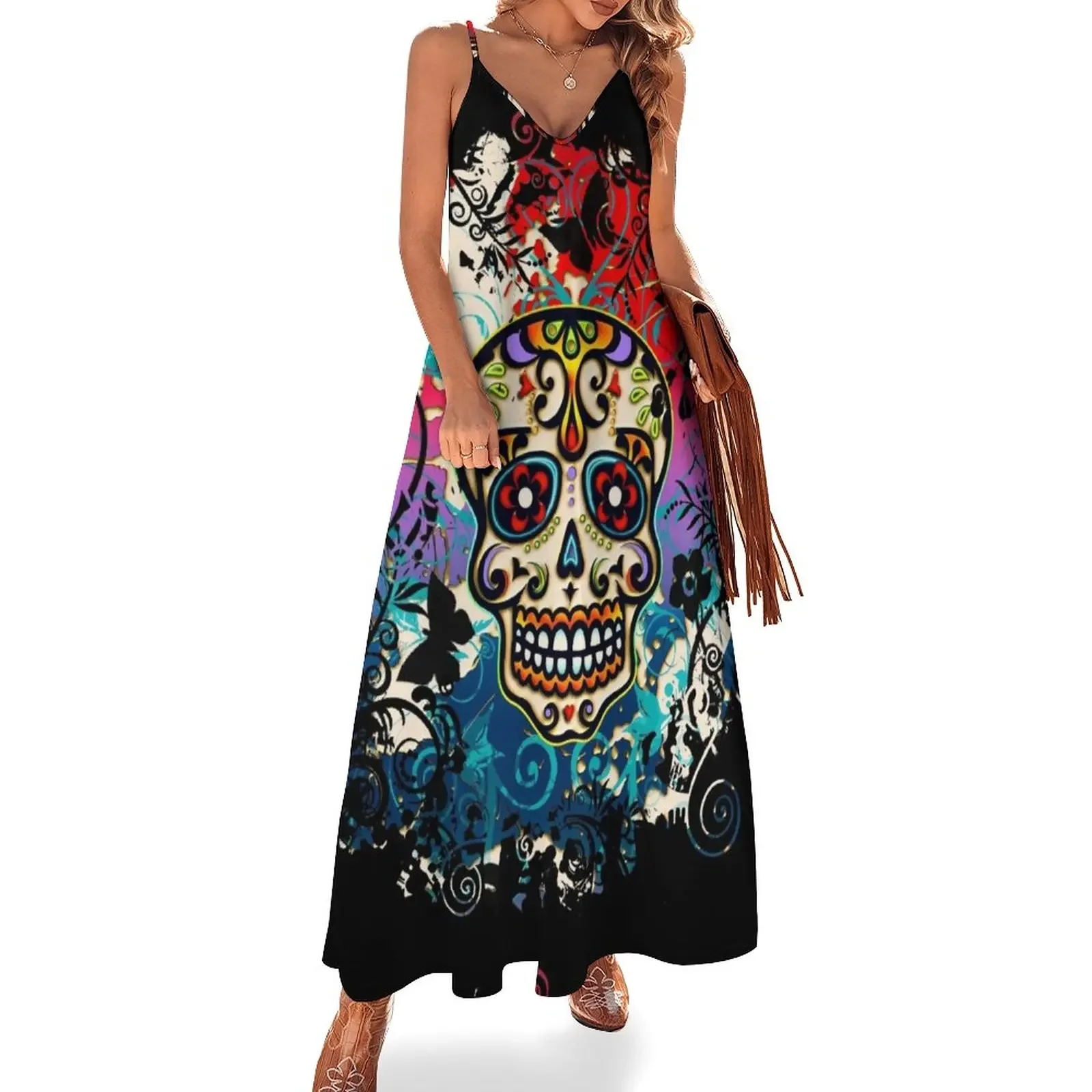 

Mexican Skull, Sugar Skull, Day of the Dead, Dias de los muertos Sleeveless Dress luxury dress cute dress