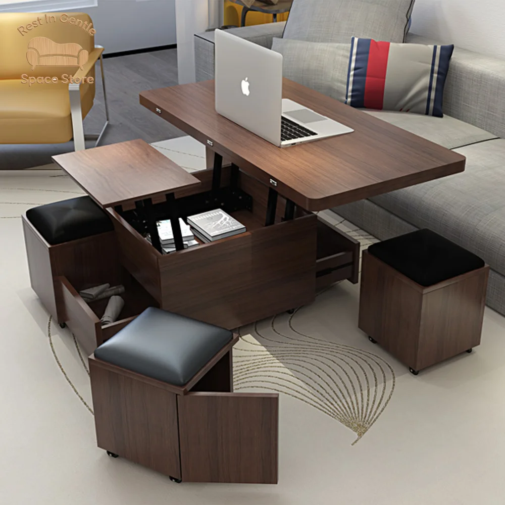Modern multi-functional folding lift table coffee table with hidden storage compartment stool work stretchable wooden tabl