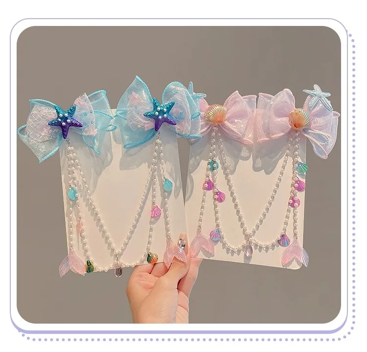 1Pcs Meerjungfrau Hime Bogen Strap Haar Clip Fee Air Mesh Sea Star Shell Dekoration Kinder Prinzessin Haar Zubehör Party haarspange – Detail 4