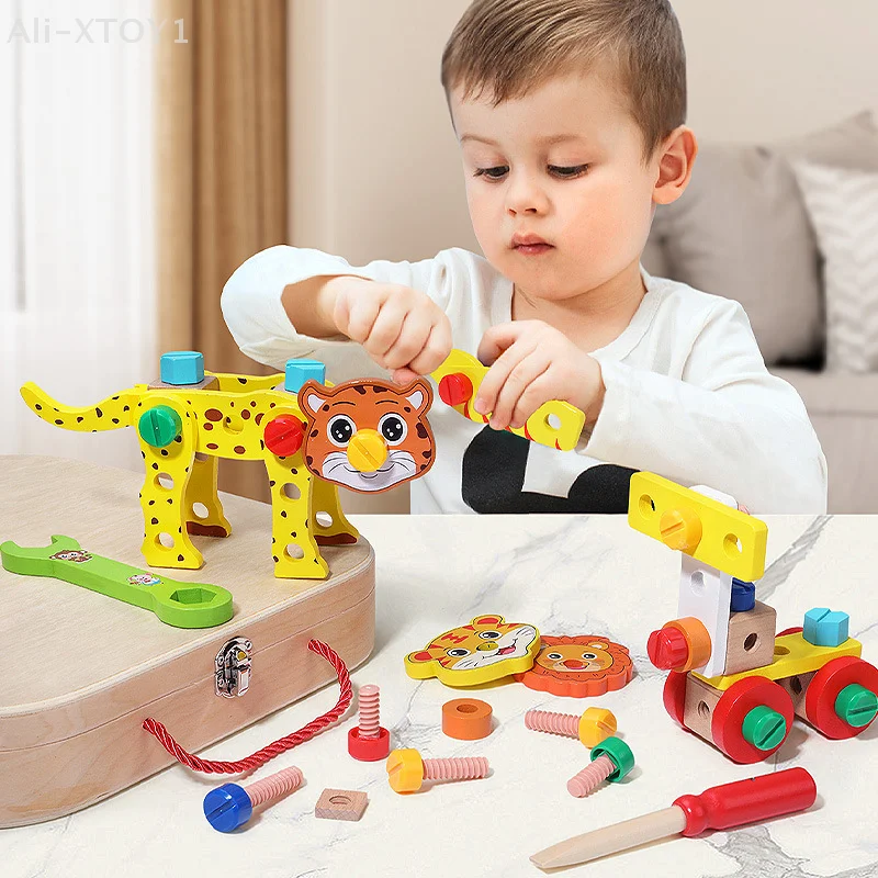 Boîte à outils éducative pour enfants, démontage d'écrou à vis, blocs de construction en bois pour garçons et filles, boîte de rangement Portable