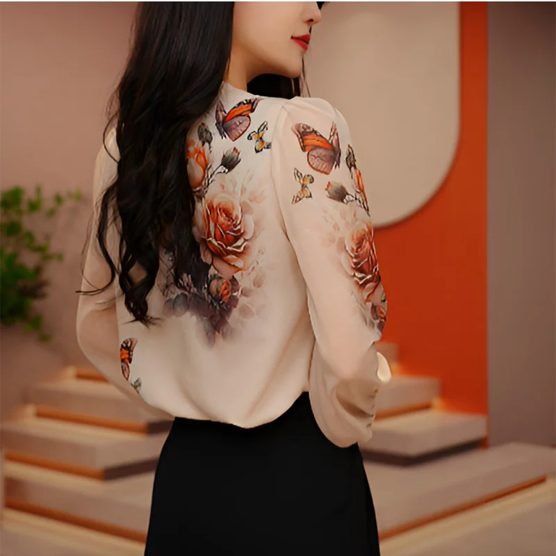 Chemise en mousseline de soie à manches longues et col en V pour femmes, bouton monochrome, élégant, mode bohème, décontracté, dame de bureau,