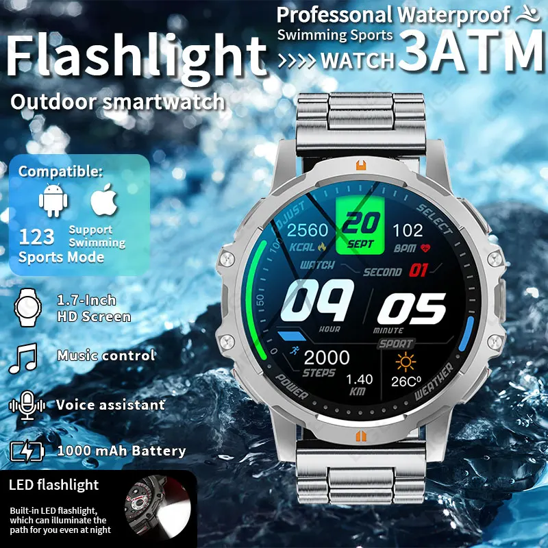 

LIGE Smart Watch 1000mAh battery Flashlight Bluetooth Call 123 Sports Mode 3ATM Waterproof Voice assistant smart watches for men
