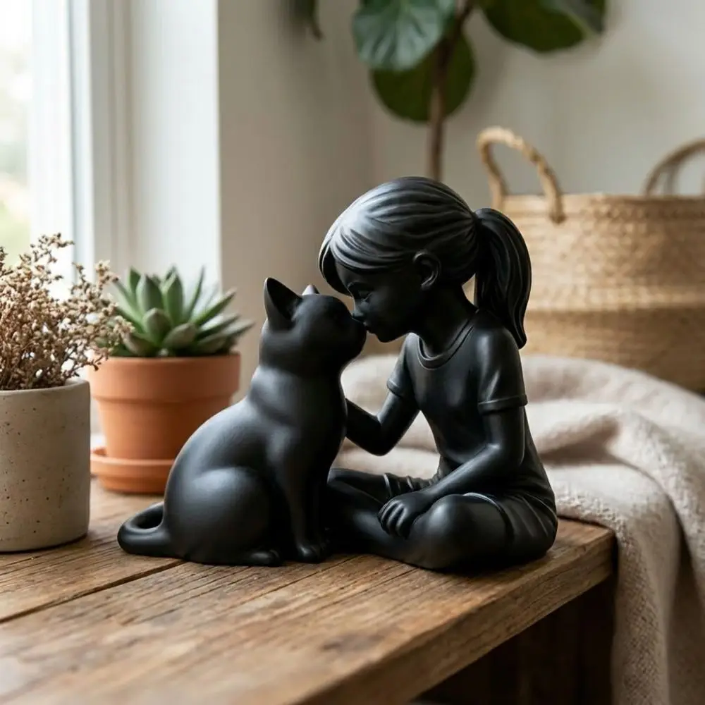 3D Printed Girl and Cat Sculpture Unique Plastic Girl Cat Friendship Statues Crafts Cute Animal Girl Cat Ornaments