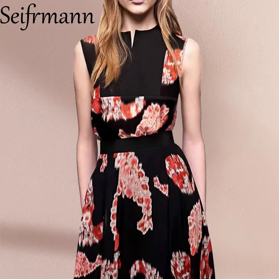 فستان Seifrmann النسائي الأنيق للحفلات مُزين بنقشة الزهور ورقبة على شكل حرف V بدون أكمام وخصر عالٍ، فساتين متأرجحة كبيرة على الموضة