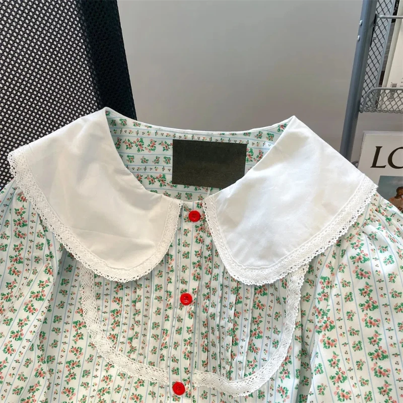 American Style Fashion Summer Short Sleeve Blouses Spliced Lace Button Peter Pan Collar Ruched Loose Commute Printed Women Shirt