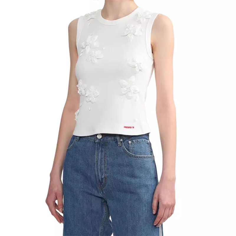 

T-shirt 2024 Summer New 3D Flower Decoration Tank Top Elastic knitted pure cotton sleeveless top Vest Letter embroidery crop top