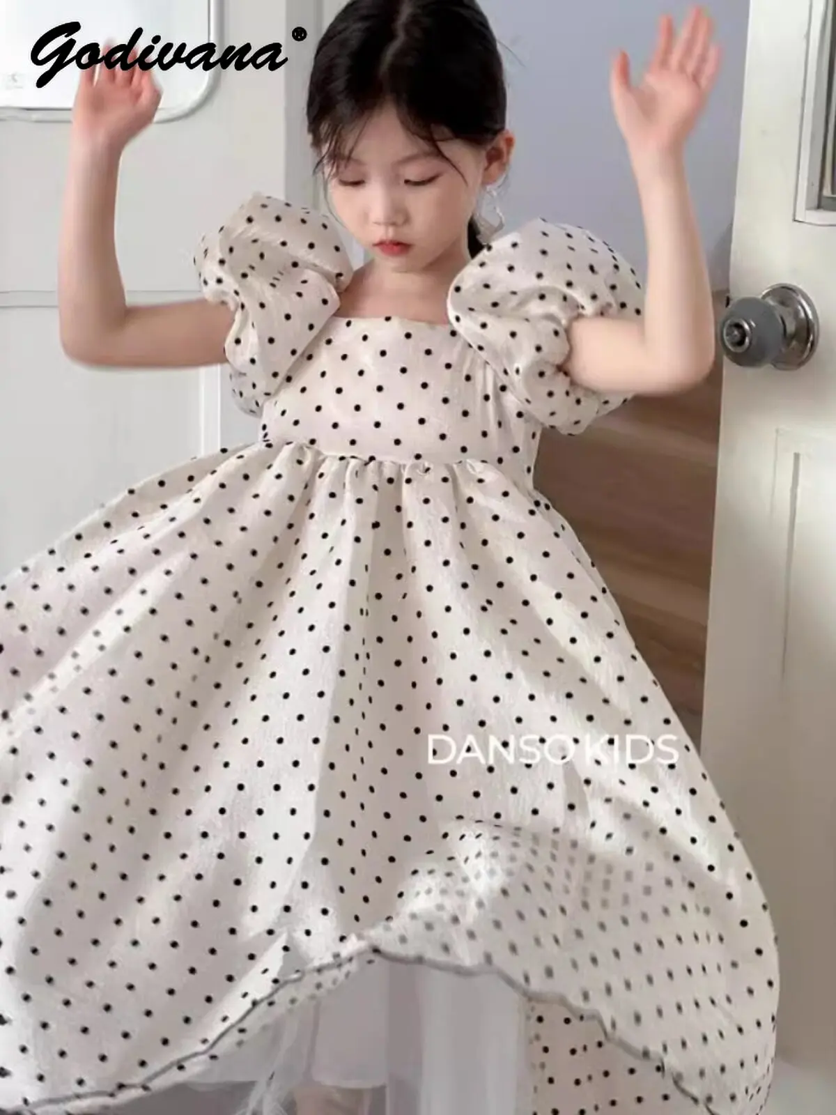 Sweet Girls 2026 New Spring and Summer Premium Polka Dot Pearlescent Tulle Dress Kids Puff Sleeves Birthday Party Princess Dress