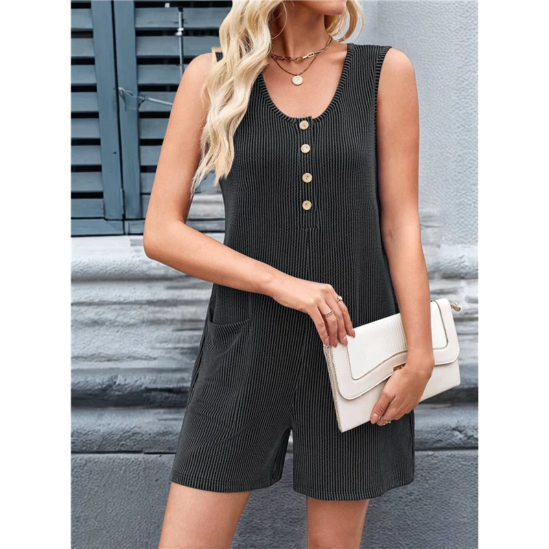 ABRT-Women's Summer Casual Contrast Striped Sleeveless Vest Jumpsuit With Pockets