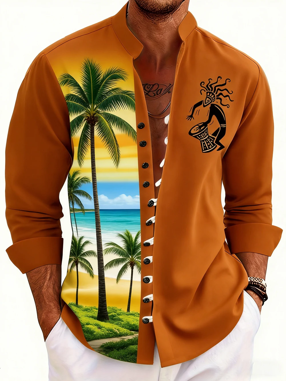 2026 Men's Multi-Button Design Linen Long-Sleeved Shirt Brazilian Samba HD Printed Shirt Hawaiian Casual Social Clothes for Men