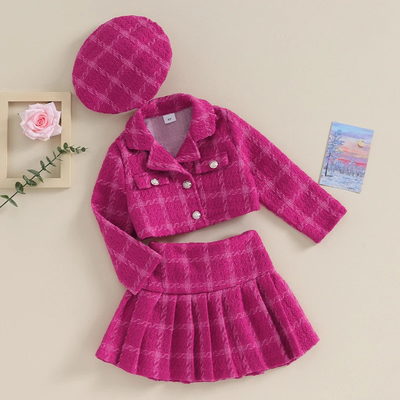 Kids Baby Clothes Tween Girl Plaid Print T Crop Jacket Blazer Pleated Skirt With Hat 3Pcs Mini Skirt Set Outfit