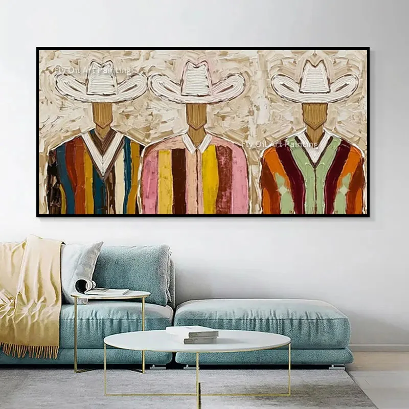 Hand Painted Impasto Cowboy Portrait Oil Painting, Thick Palette Knife Colorful Western Figure Canvas Wall Art
