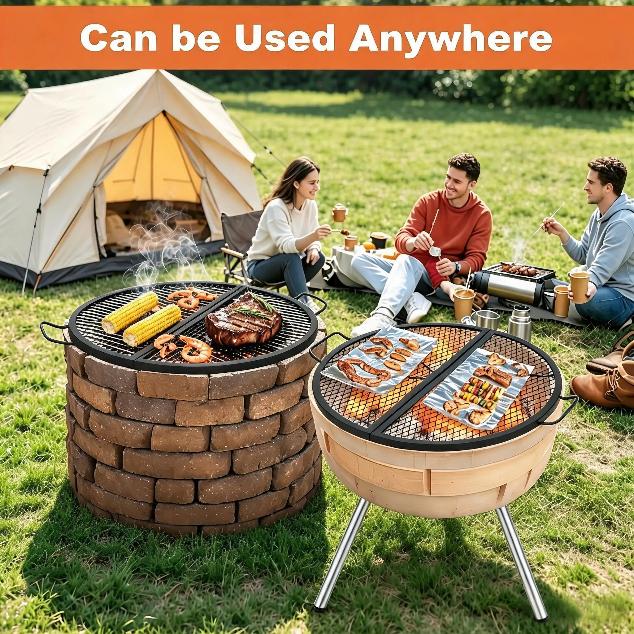 

36'' x-Marks Fire Pit Grill Grate,Round Foldable Cooking Grate,Heavy Duty Campfire BBQ Grill Grid with Handle,Fire Pit Accessories for Outside Cooking & Party