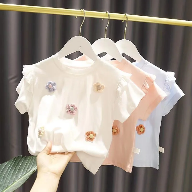

Girls Clothes T-shirt 2024 New Spring and Summer Flower Top Clothes Simple Casual Style All-match T-shirt Korean Sweet Style