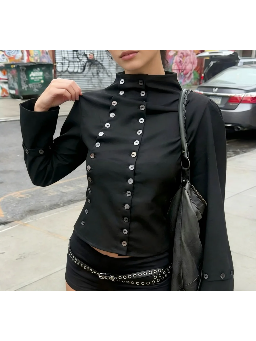 2026 new retro punk gothic style double breasted stand up collar trumpet sleeve shirt spicy girl top dark commuting outfit Y2K