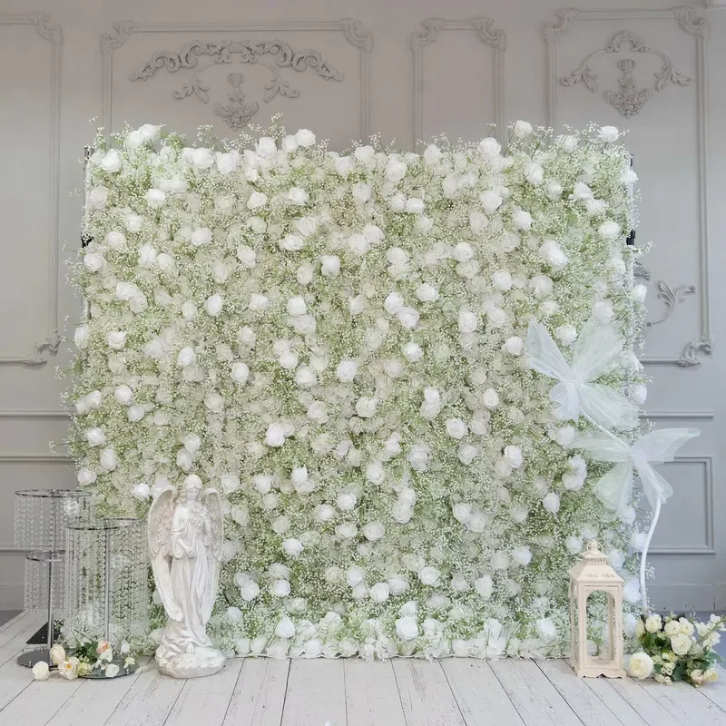 White Gypsy Fabric Artificial Flower Wall Simulation Floral Backdrop for Wedding Birthday Party Event Background Decoration