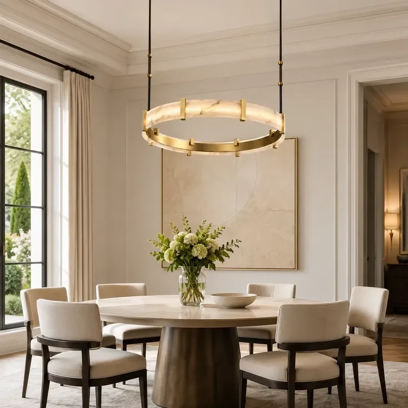 Indoor Lighting Fixture for Dining Room Living Room Villa Hotel Custom Brass Alabaster Round Ring Pendant Chandelier