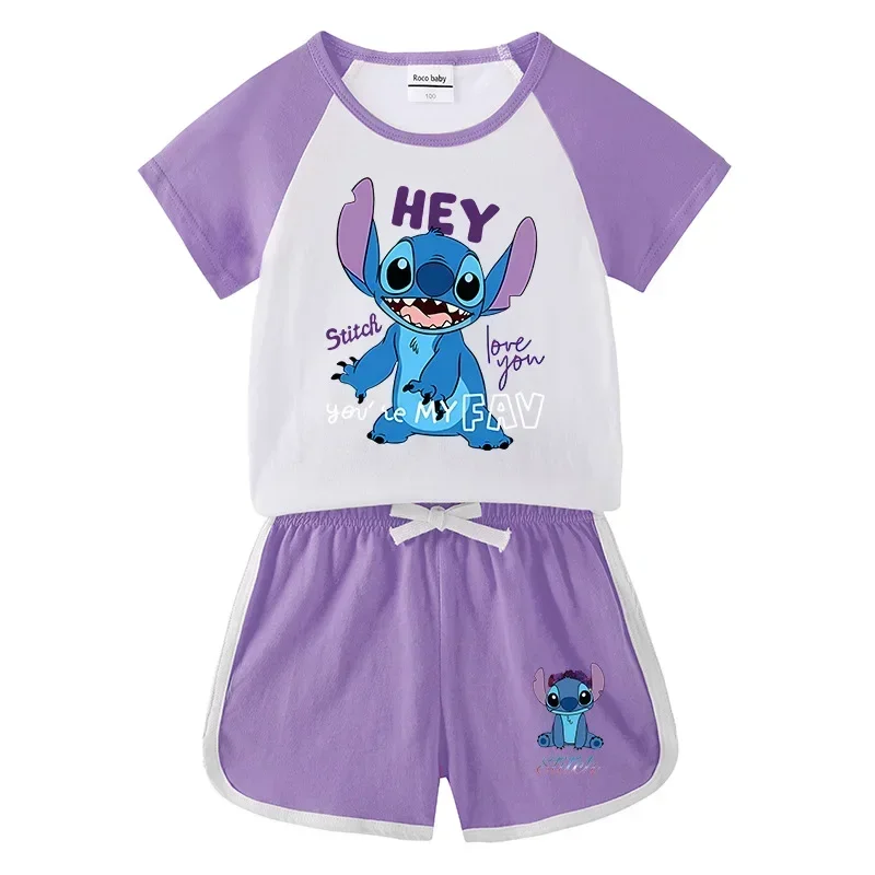 Disney Mickey Mouse Kids Summer New Stitch Short Sleeve Shorts Suits Boys and Girls Baby Hot Pants T-Shirts Casual Sports Suits