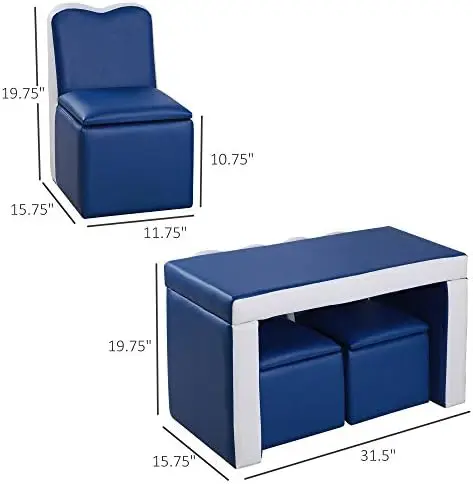 Kids Sofa Set 2-in-1 Multi-Functional Toddler Table Chair Set 2 Seat Couch Storage Box Soft Sturdy Blue