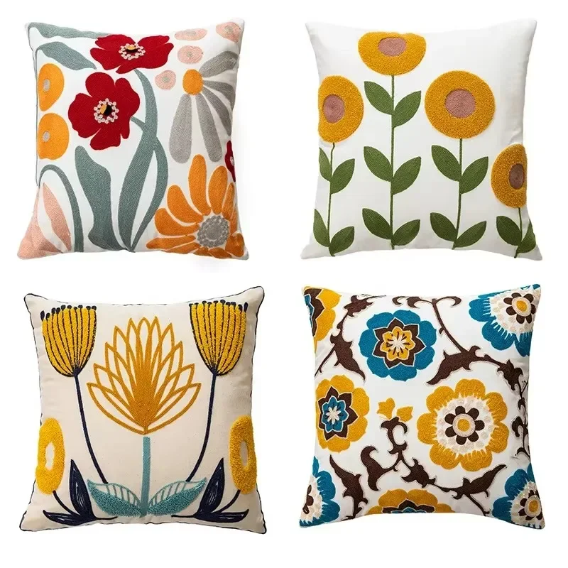 Funda de almohada bordada con flores de 45x45cm, toalla de planta, funda de cojín de cintura con estampado moderno, funda