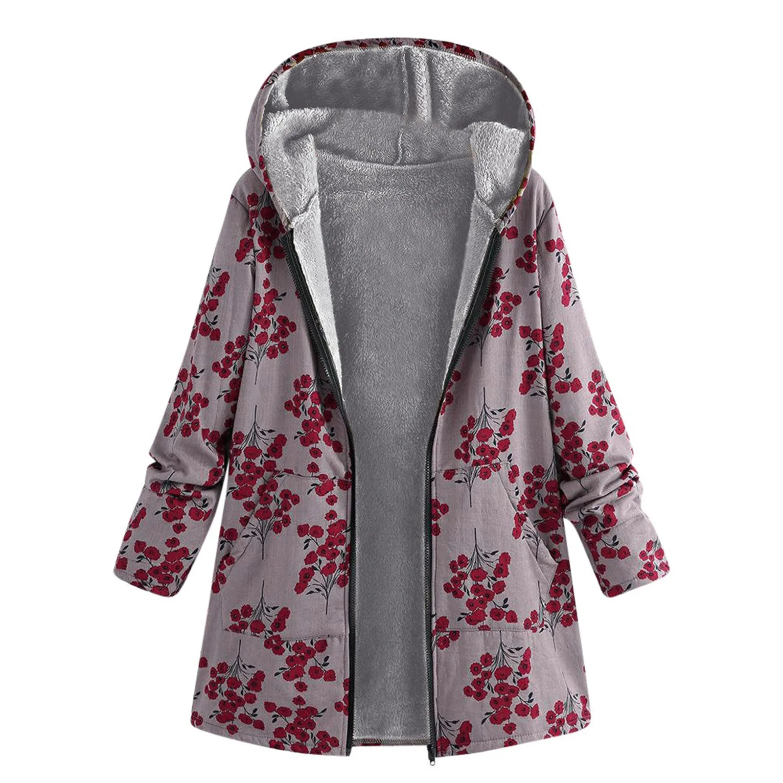 Ladies Long Sleeve Zipper Hooded Thick Composite Plush Vintage Flower Print Plus Size Hooded Jacket