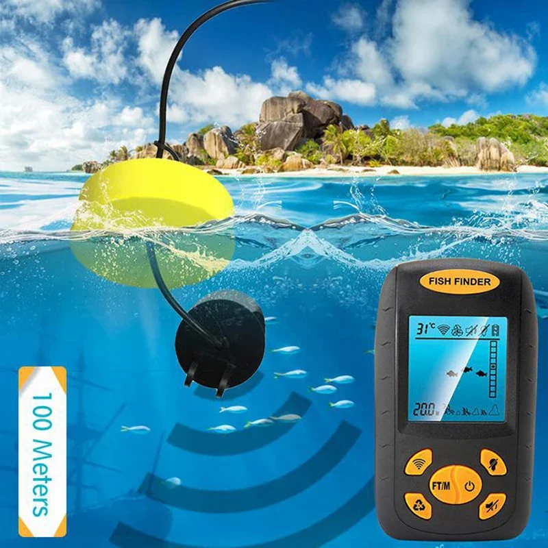 Fish Finder Sonar Sensor Portable Fish Detector Wired Echo Transducer 45 Degree Sonar Coverage 1-100m Detecting Range 10V-18V