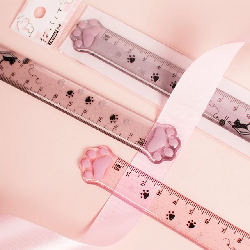 Reglas rectas de plástico con forma de pata de gato, suministros escolares y de oficina Kawaii, accesorios para planificador, premio para estudiantes