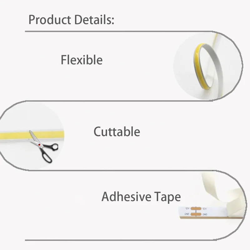 5V 12V 24V COB-Streifenlicht, 5 mm Breite, LED-Band, ultradünn, superfein, 1 cm Schnitt, Tageslicht, 6500 K, natürliches Weiß, 4000 K, Warmweiß, 3000 K, 5 m – Detail 2