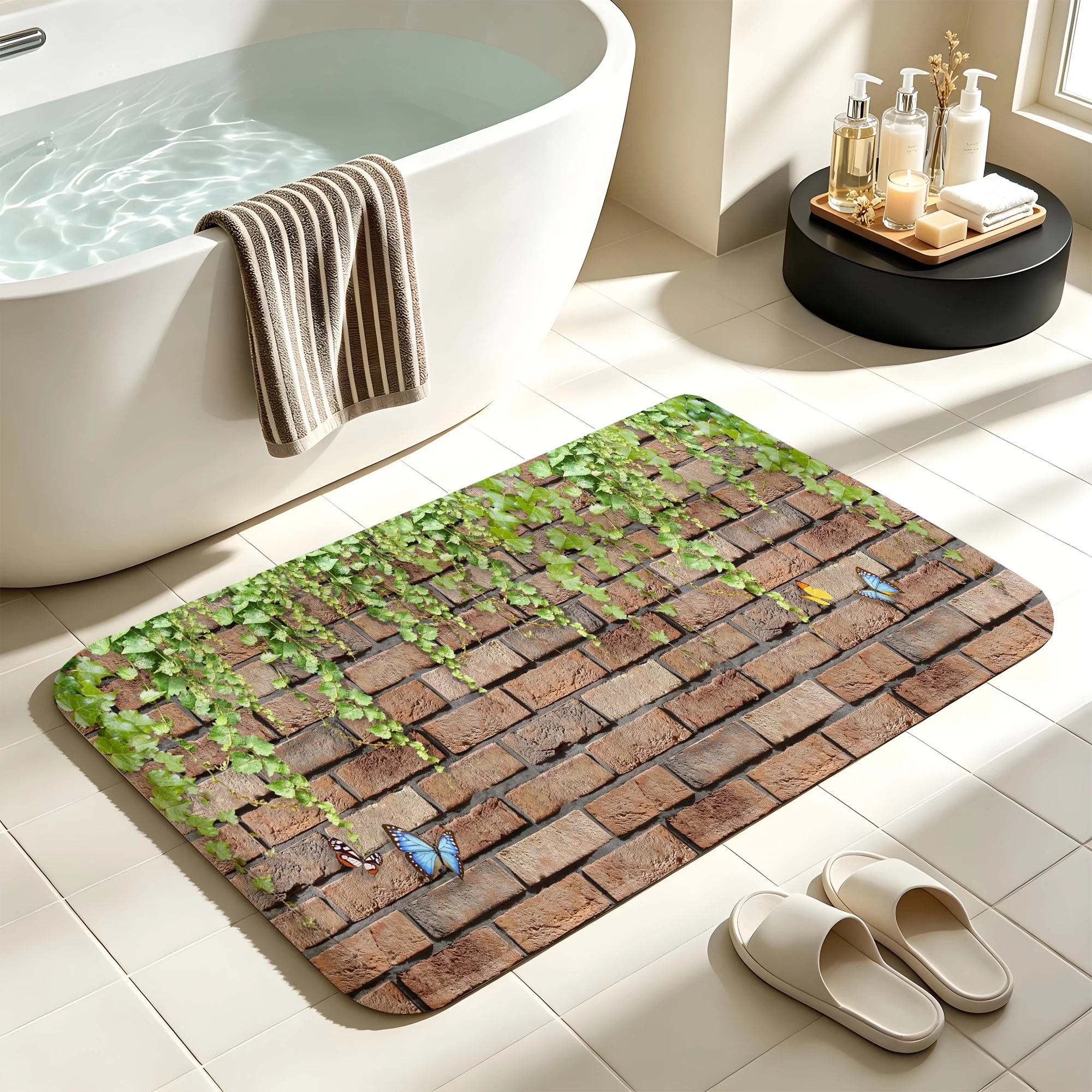 Bath Mat Red Brick Wall With Ivy And Butterfly Print Bathroom Rug Absorbent Floor Mat For Shower