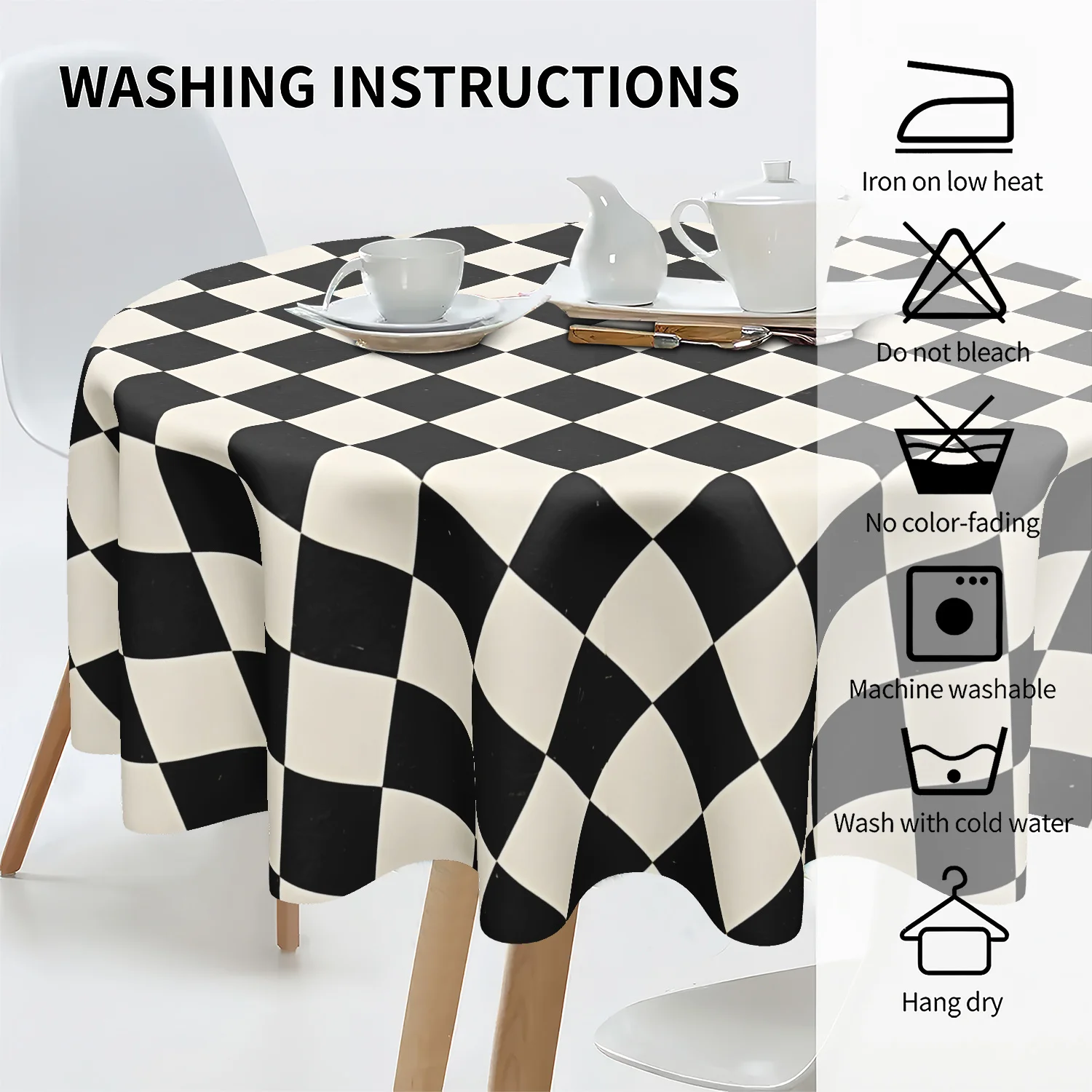 One classic black and white diamond-patterned round tablecloth, a simple and fashionable table cover fabric