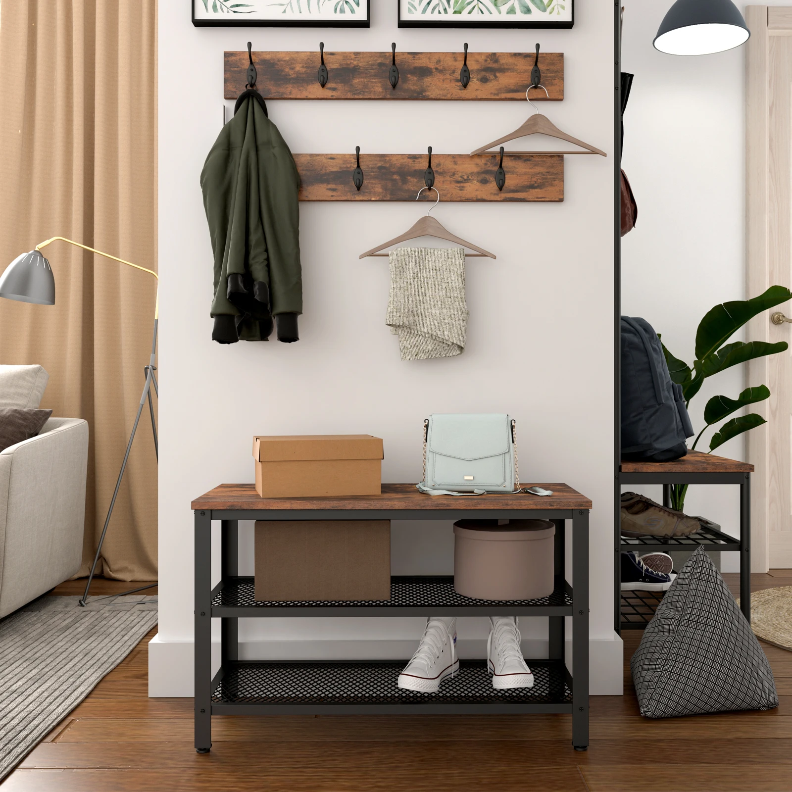 HOOBRO Wardrobe Shoe Bench Set With 9 Coat Hooks Coat Rack With Bench Hall Tree Entryway Storage Bench Hallway 3-in-1 Design