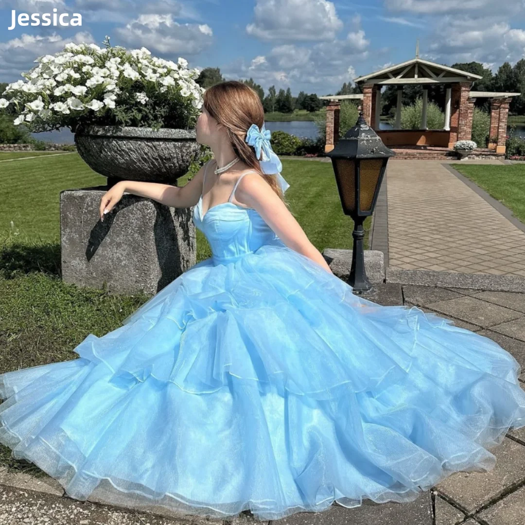 

Jessica Sweet Light Blue Wedding Dress A-Shape Organza Layering Prom Dresses Spaghetti Strap Princess Bespoke Occasion Dresses