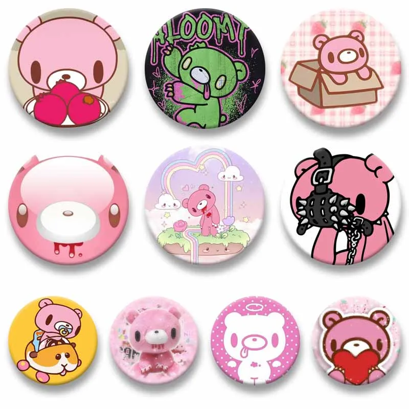 Kawaii Pink Cartoon Gloomy B-Bear Badge Creative Tinplate Enamel Pins Round Snap Brooch for Bag Clothes Hat Decor Friend Gifts