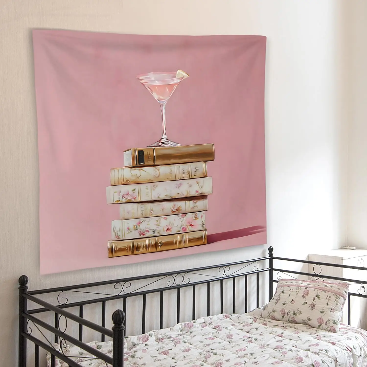 Martini Cocktail Tapestry - Stack of Vintage Books, Pink Background, Elegant Wall Art, Multiple Sizes