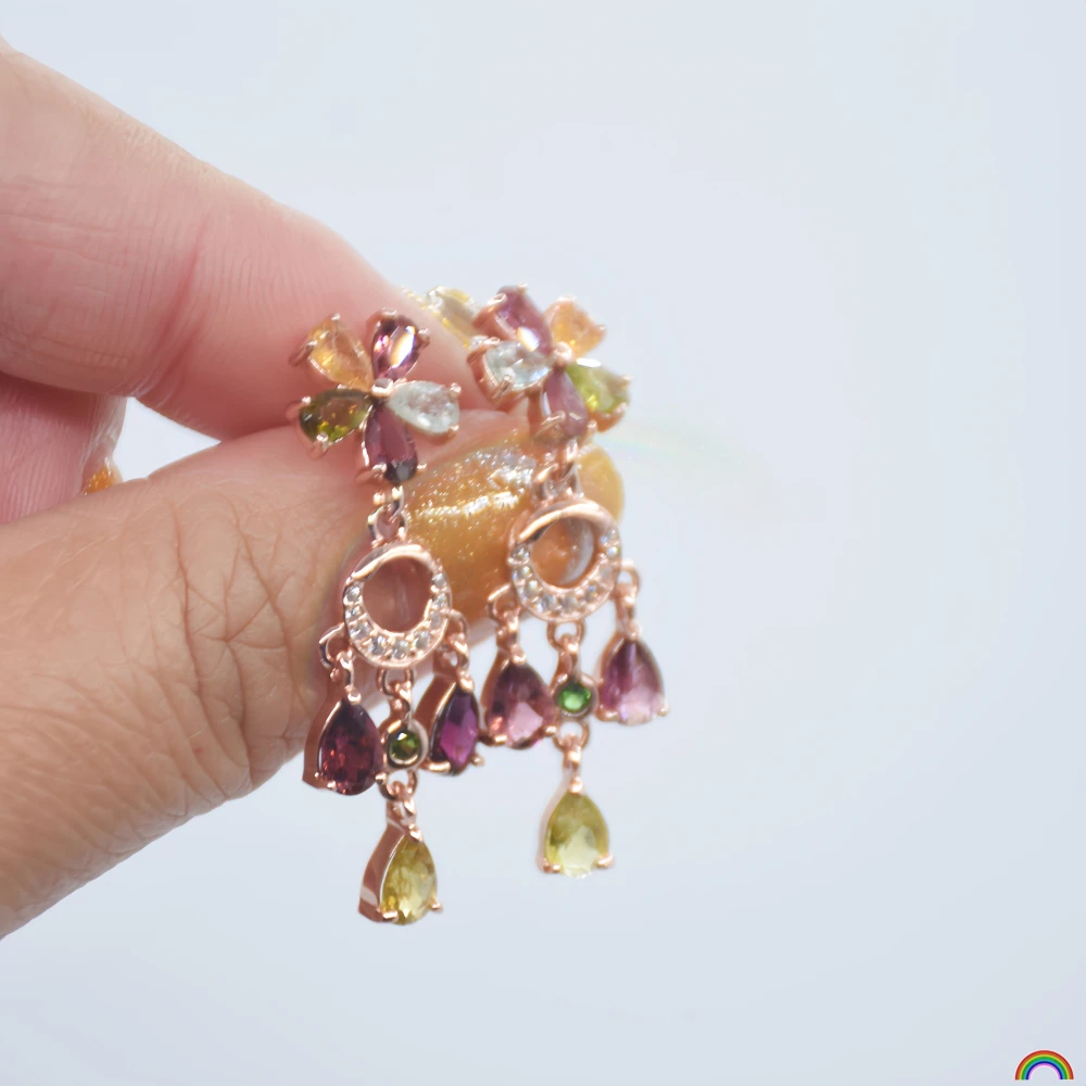 Natural tourmaline earrings, S925 sterling silver earrings, niche light luxury petal-shaped rainbow gemstone earrings, Rwbuy
