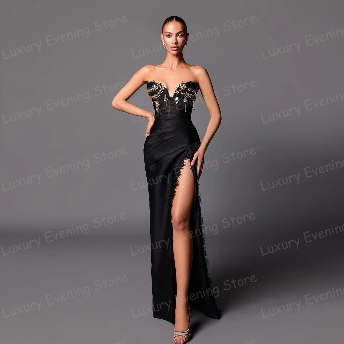 Semplici Appliques abiti da sera sirena Sexy scollo a V Backless High Side Split Prom Party Gowns Satin Formal Fashion 2024