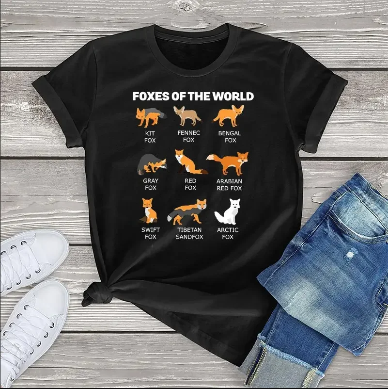 100% Cotton Foxes Of The World Graphic T Shirt Women clothing Foxes Animal Harajuku Womens Shirt Pittie Unisex Fashion Tee Tops