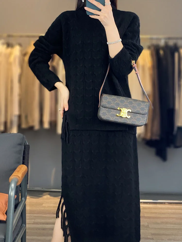 شرابة شق محبوك مجموعة فرقة أزياء أنيقة المرأة عارضة قطعتين مجموعة الكورية تنورة ضئيلة سترة سميكة Conjuntos #4