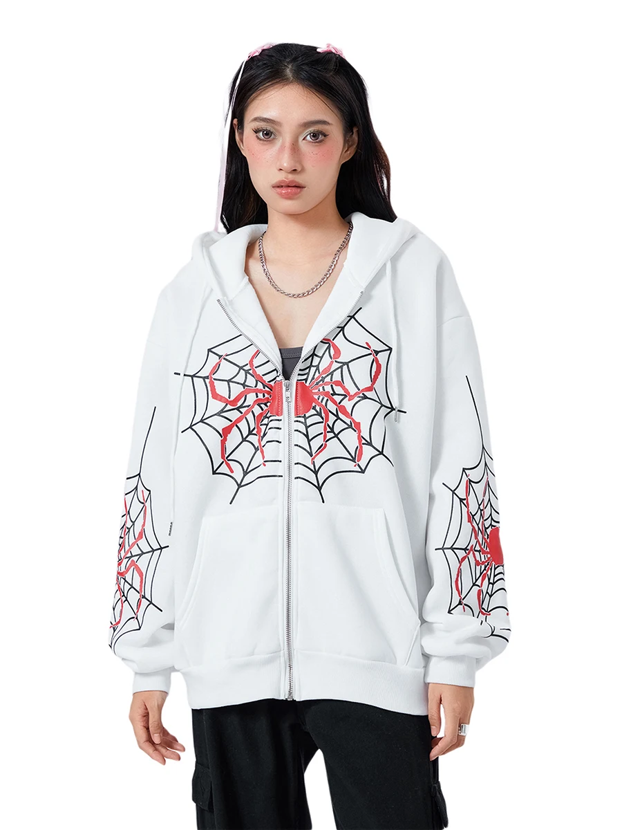 Women’s Halloween Casual Hooded Coat Long Sleeve Spider Web Print Zip Up Hoodie Sweatshirt with Pockets