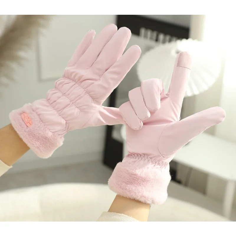 Winter Thermal Fleece Touch Screen Warm Gloves for Women Windproof Cold Proof Cycling Electric Vehicle Driving Korean Style
