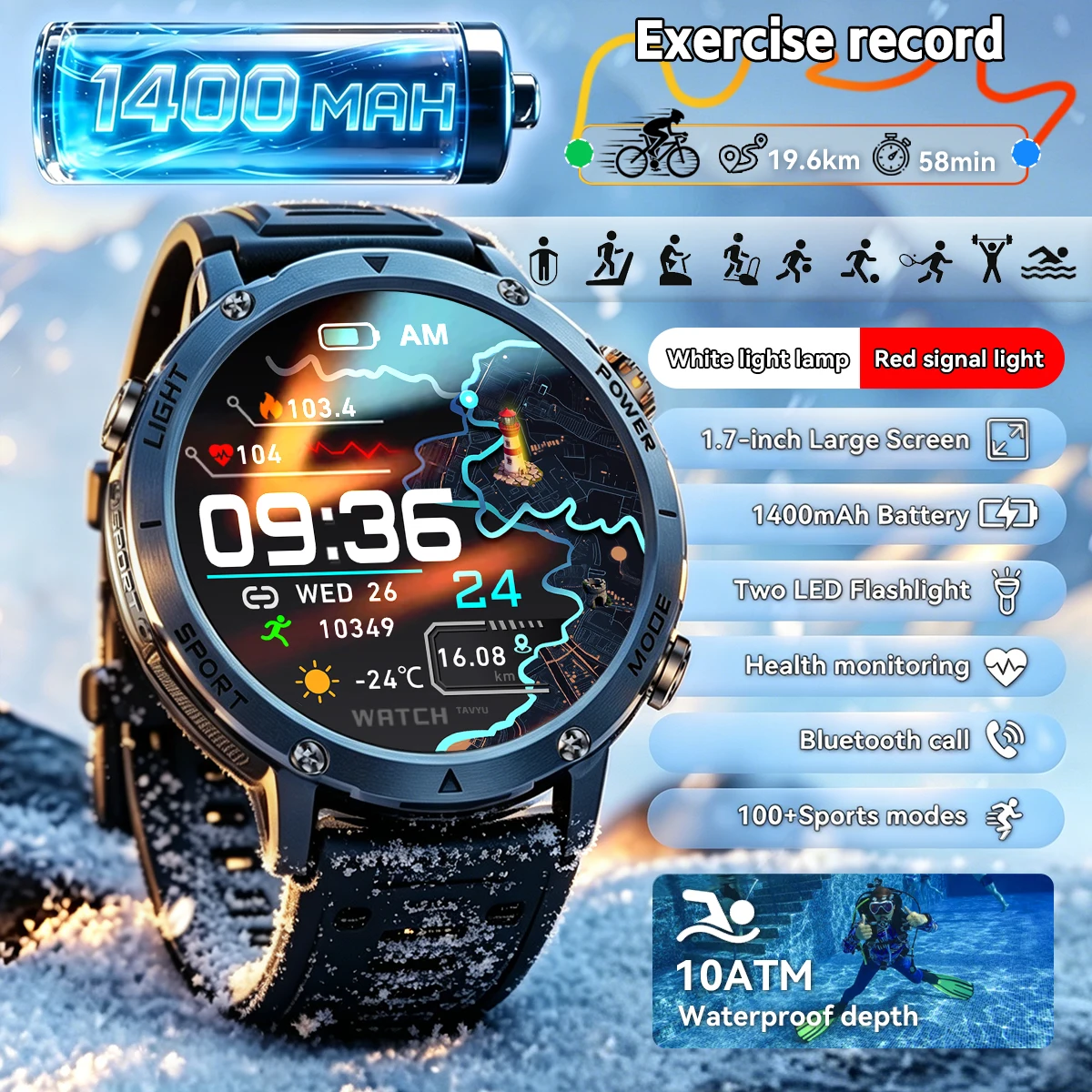 Nuevo reloj inteligente deportivo con batería de 1400mAh, linterna de 1,7 pulgadas, registro de ejercicio, llamada Bluetooth, reloj de salud resistente al agua para Android iOS