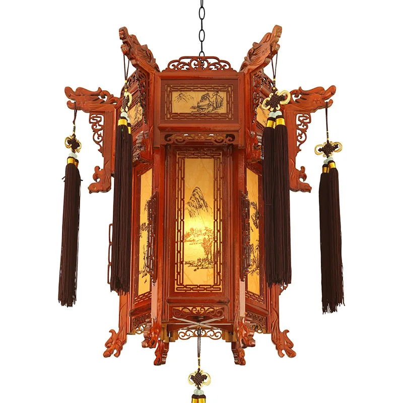 

Chinese solid wood palace lamp hexagonal ancestral hall New Year's sheepskin classical wedding balcony chandelier outdoor antiqu
