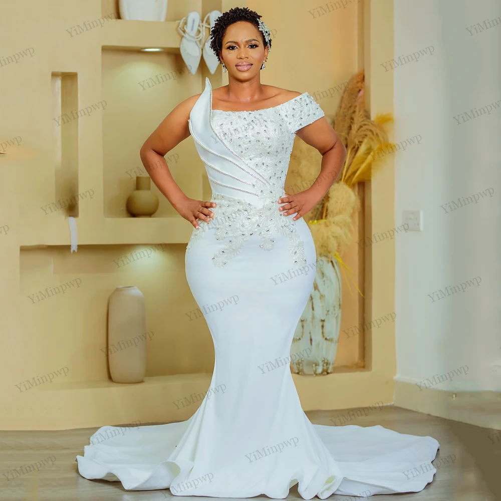 

Aso Ebi One Shoulder Applique Bride Dresses Crystals Mermaid Satin Bride Gowns Plus Size Wedding Dresses For Curvy Customized