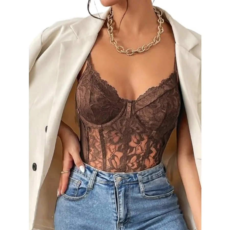 

COZYEASE Women's Lace Bustier Cami Bodysuit Plain Sleeveless Slim Fit Sheer Mesh Corset Top Romper