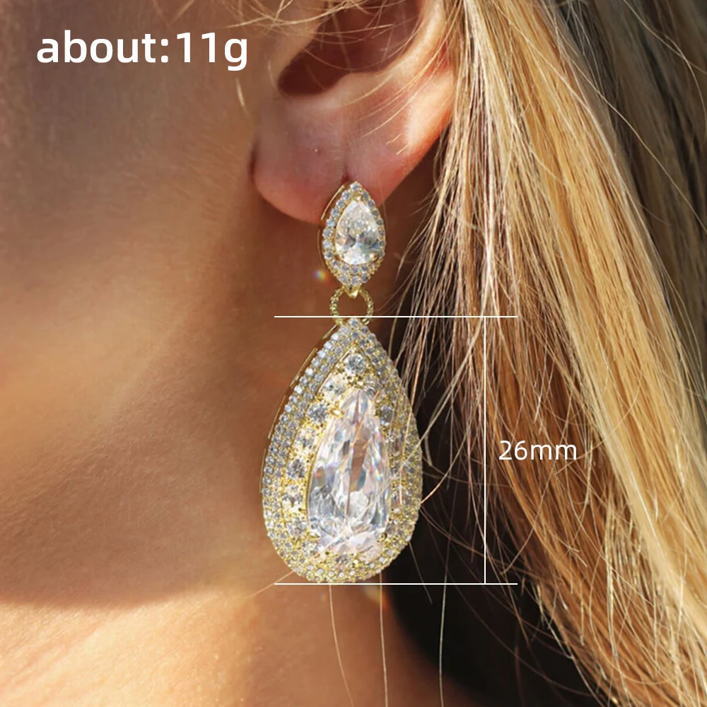 Huitan Gorgeous Water Drop Shaped Dangle Earrings for Women Luxury Gold Color Brilliant Cubic Zircon Temperament Wedding Jewelry