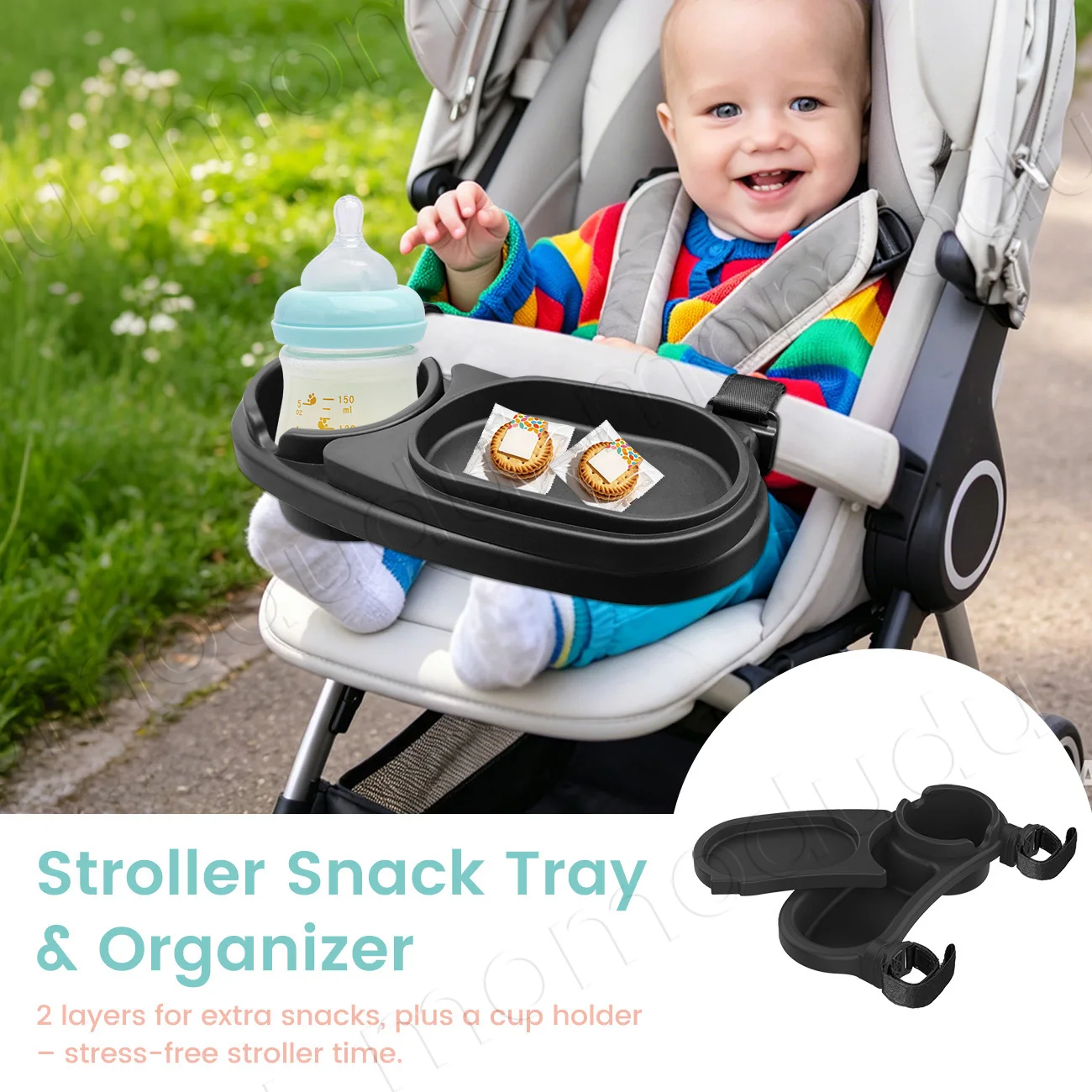 Universal Double-layer Snack Tray for Stroller, Cup Holder Tray with Webbing, Stays in Place Tray Attachment for Toddler & Kids