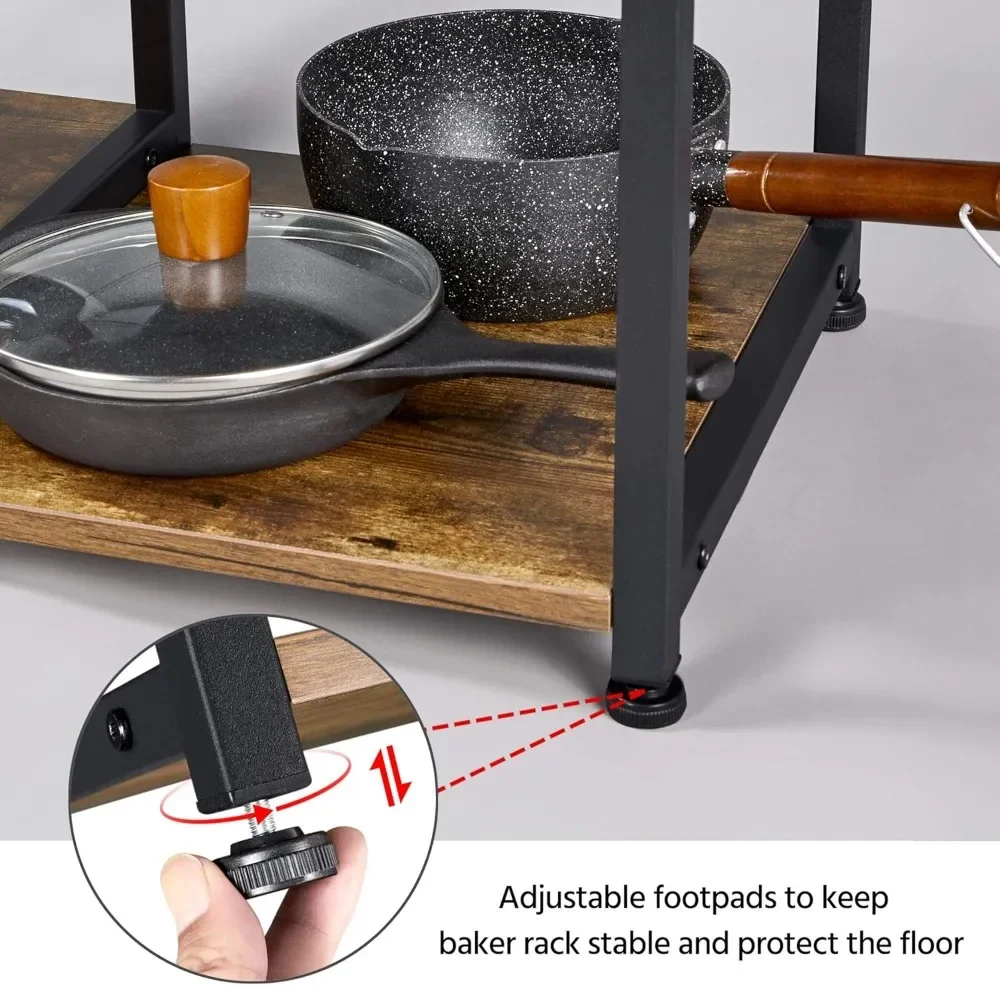 

4-Tier Kitchen Baker's Rack, Coffee Bar Microwave Stand Cart with Wire Basket & 6 Side Hooks, Kitchen Organizer, Customized