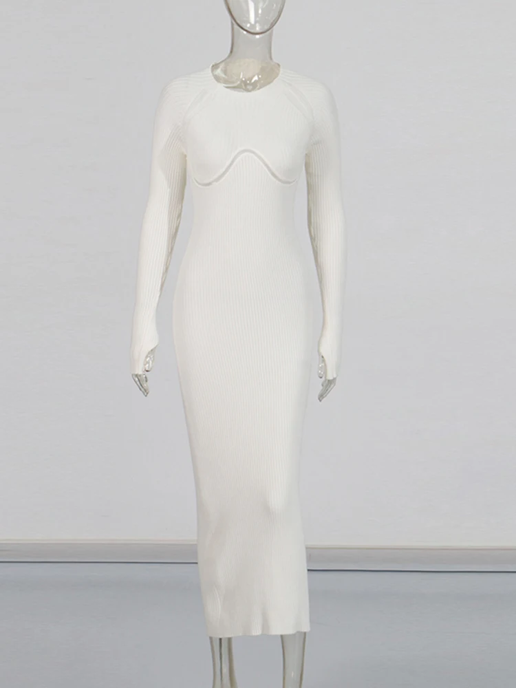 TWOTWINSTYLE, vestidos elegantes de punto con corte liso para mujer, cuello redondo, manga larga, cintura alta, vestido Midi adelgazante, moda femenina