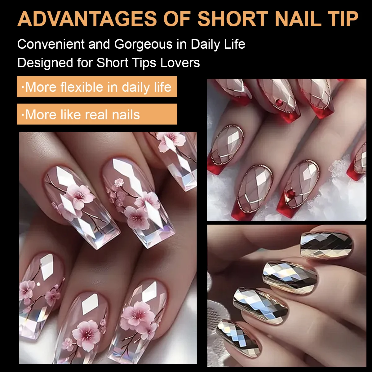 120/140Pcs Clear Short Almond Nails Tips Full Cover 3D Diamond Ballet Coffin Square False Nails Stickers Manicure Extension Tool