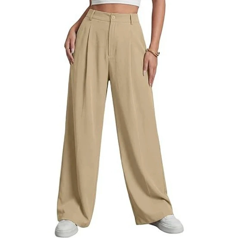 Women High Waist Wide Leg Dress Pants Pleated Front Button Zipper Loose Trousers Solid Casual Office Palazzo Pants Daily Work
